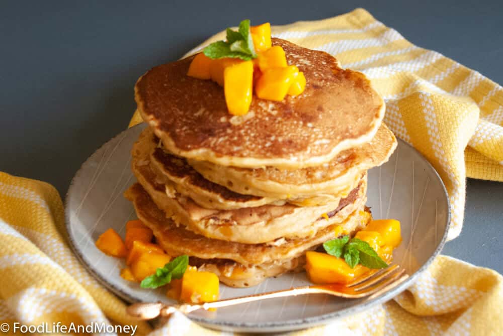 Vegan Pancakes with mangoes and no eggs or butter FoodLifeAndMoney